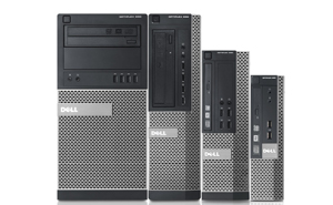    Front view of four OptiPlex 790 in different form factors, from left to right: Mini Tower, Desktop, Small Form Factor, and Ultra Small Form Factor